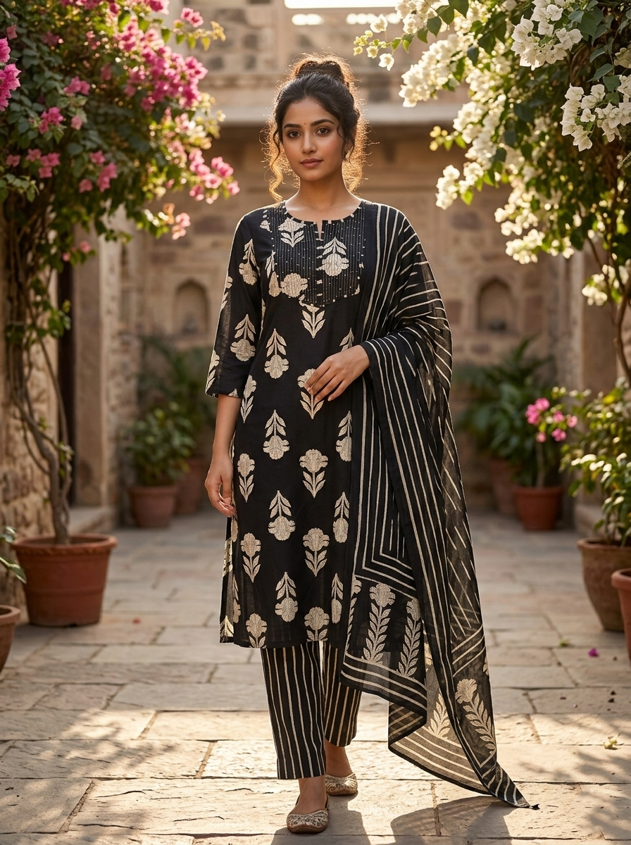 Black Floral Cotton Suit Set