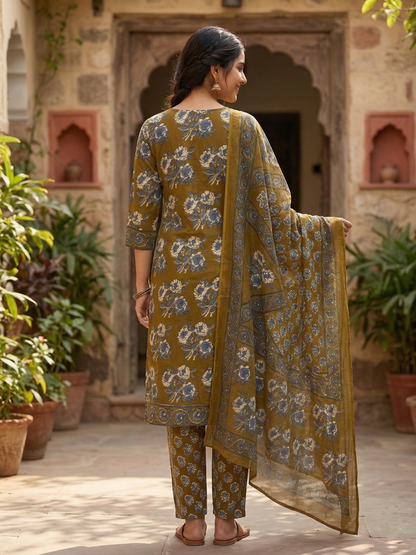 Mehendi Green Mughal Floral Cotton Suit Set