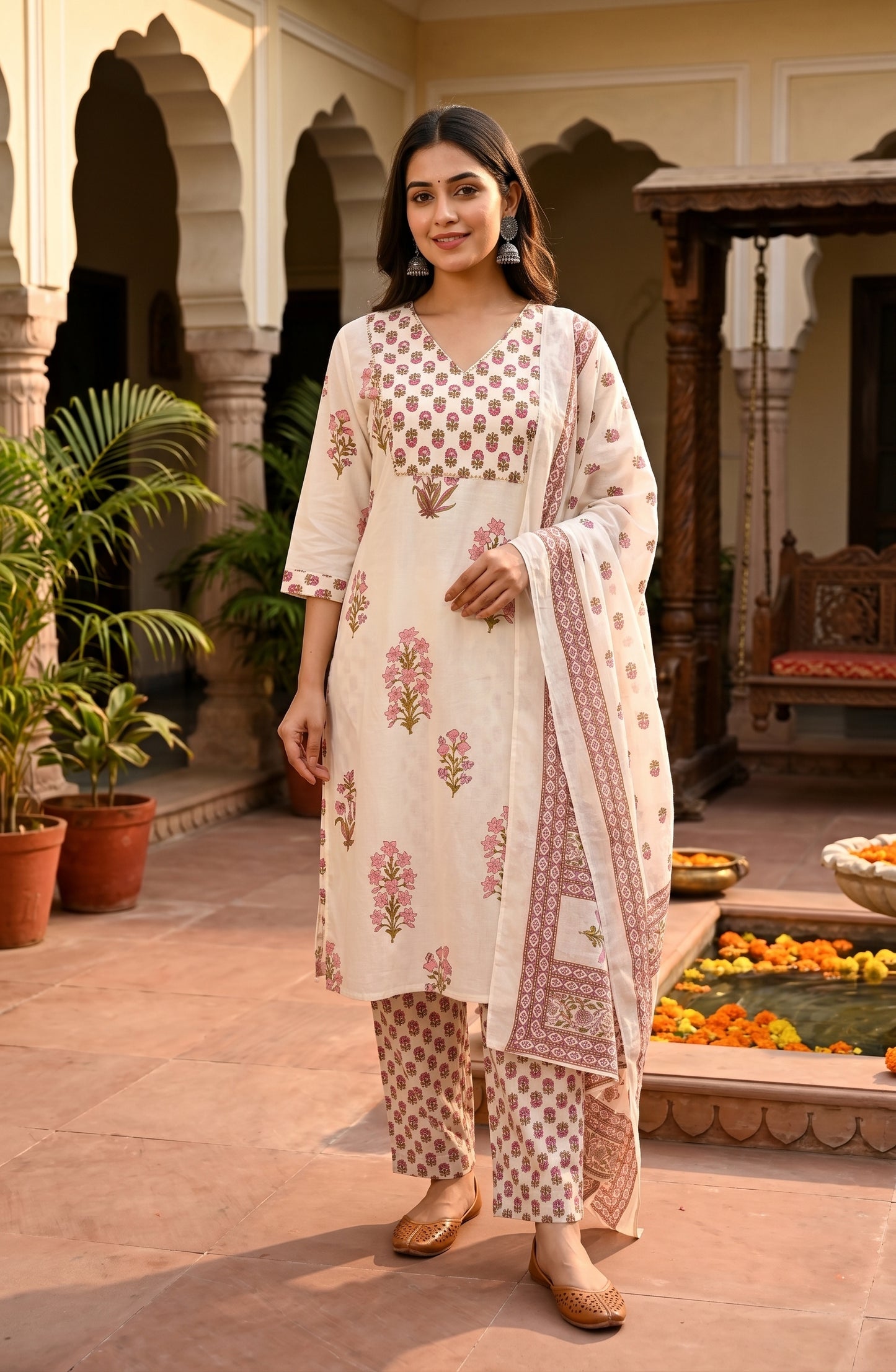 Off White Blossom Jaipur Cotton Suit Set
