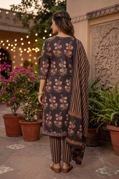 Charcoal Rose Noir Pure Cotton Straight Suit Set