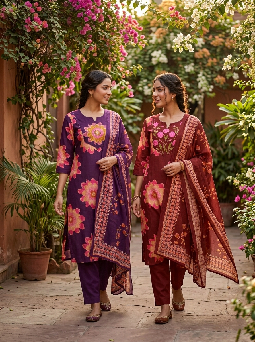 Mehroon Yoke Embroidery Cotton Suit Set