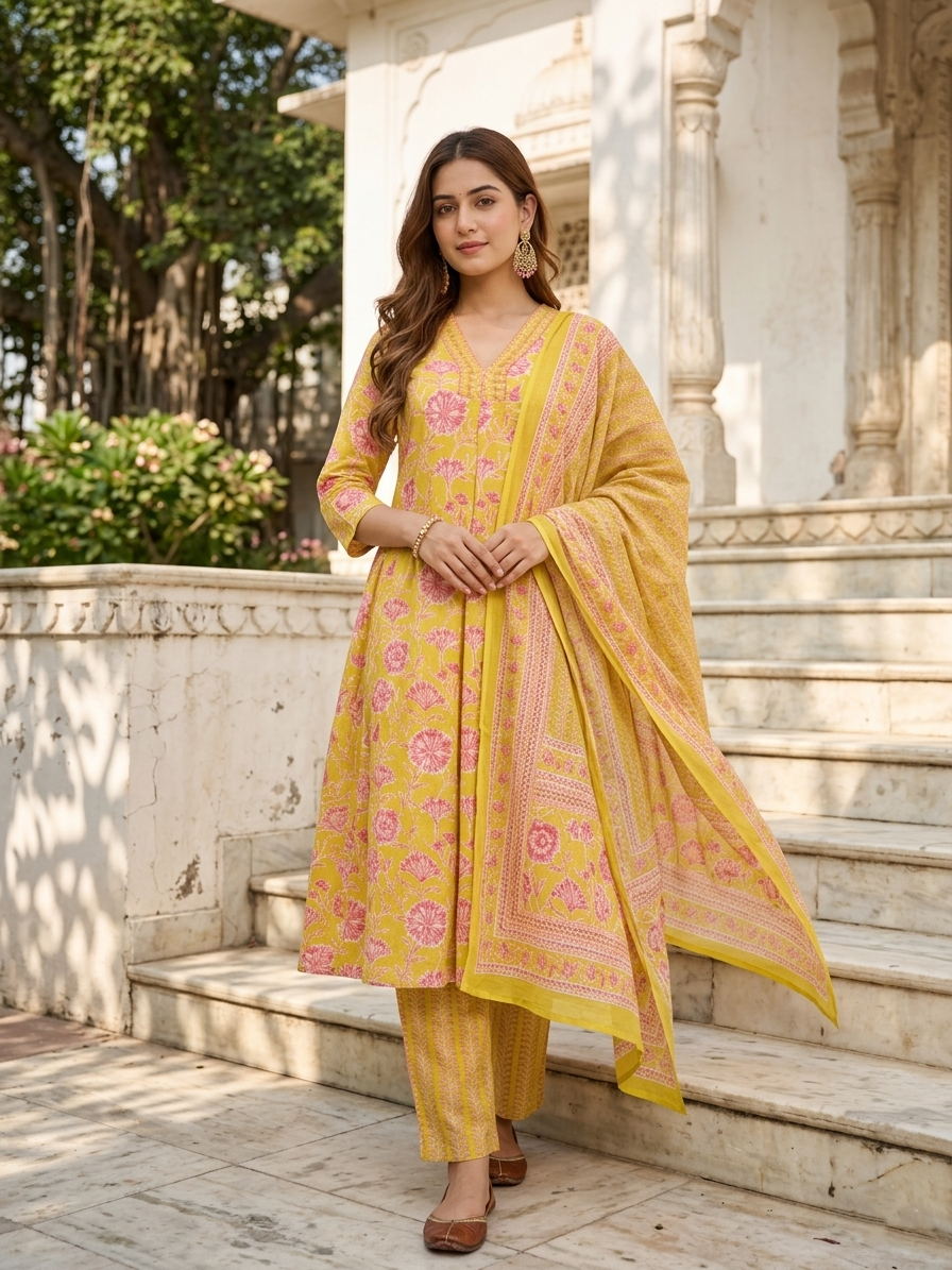 Lime Blossom Floral Cotton Suit Set