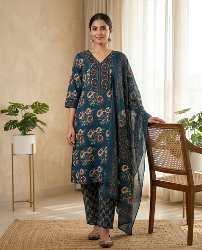 Midnight Teal Blue Floral Pure Cotton Suit Set