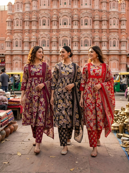 Berry Magenta Sanganeri Floral Cotton Suit Set