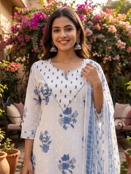 White Blossom Jaipur Cotton Suit Set