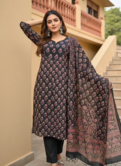 Black Sanganeri Floral Jaal Cotton Suit Set