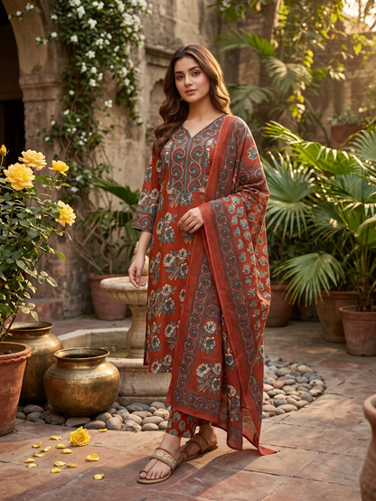 Rust Mughal Floral Cotton Suit Set