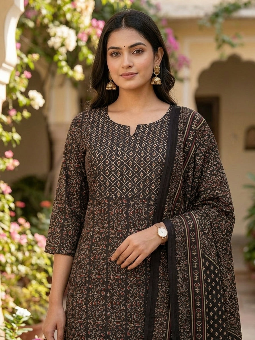 Black Ajrakh Heritage Cotton Suit Set