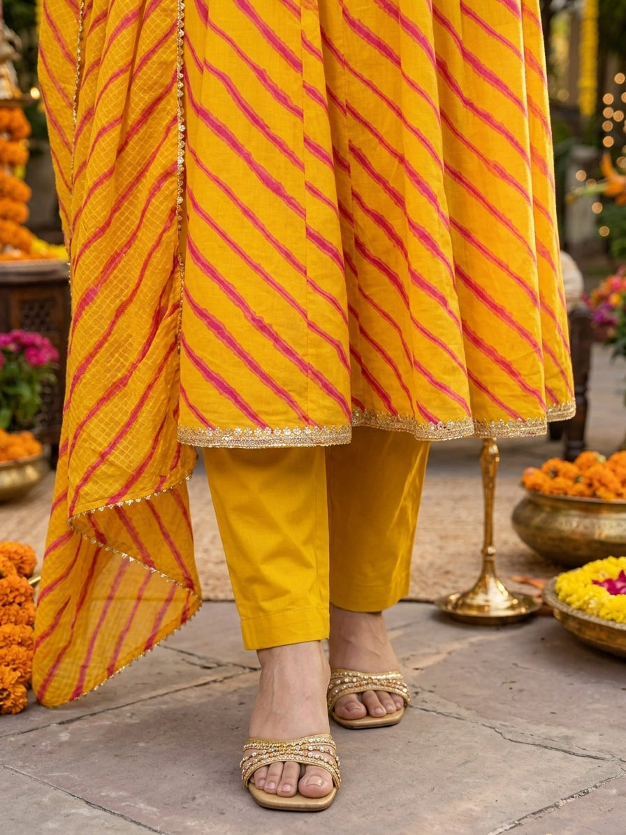 Genda Bahaar Utsav Angrakha Leheriya Cotton Suit Set