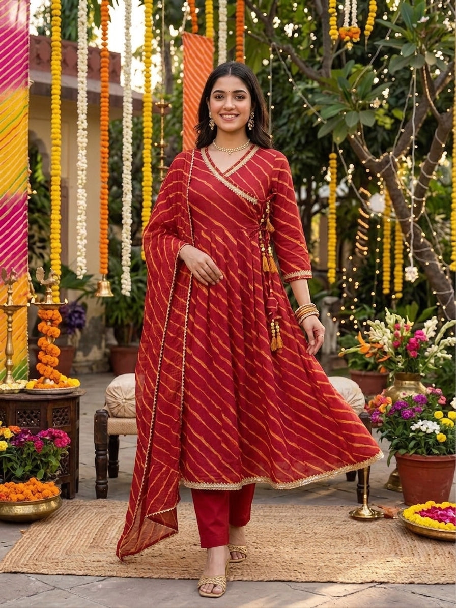 Sindoor Bahaar Utsav Angrakha Leheriya Cotton Suit Set