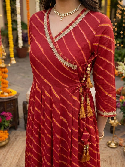 Sindoor Bahaar Utsav Angrakha Leheriya Cotton Suit Set