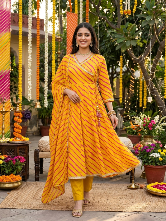 Genda Bahaar Utsav Angrakha Leheriya Cotton Suit Set