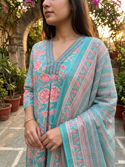 Aqua Blossom Floral Cotton Suit Set