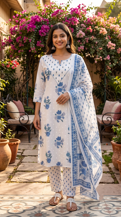 White Blossom Jaipur Cotton Suit Set