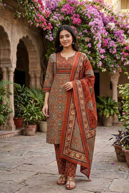 Rust Kalamkari Print Cotton Suit Set