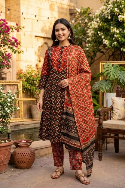 Black Tribal Heritage Jaipur Cotton Suit Set