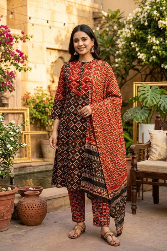 Black Tribal Heritage Jaipur Cotton Suit Set