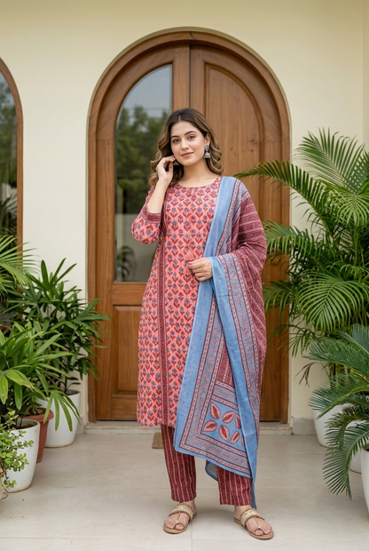 Coral Blossom Jaipur Cotton Suit Set