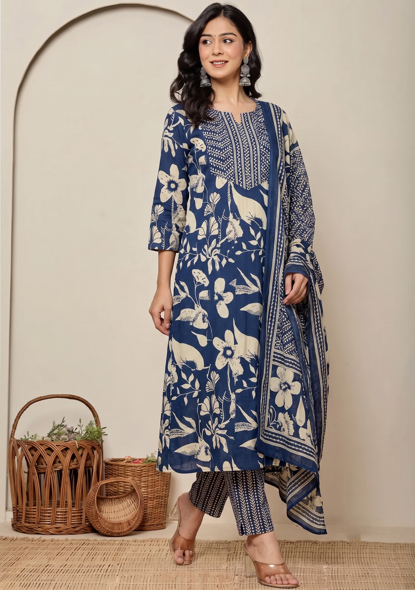 Blue Petal Harmony Cotton Suit Set
