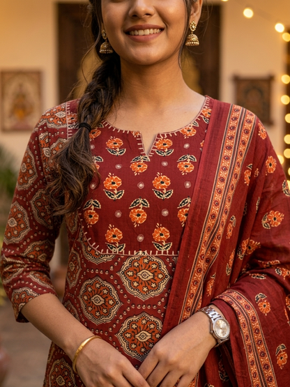 Brick Ajrakh Jaipur Cotton Suit Set