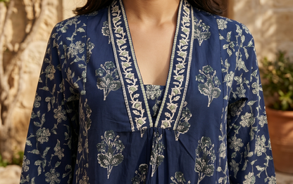 Royal Navy Blue Buta Pure Cotton Suit Set