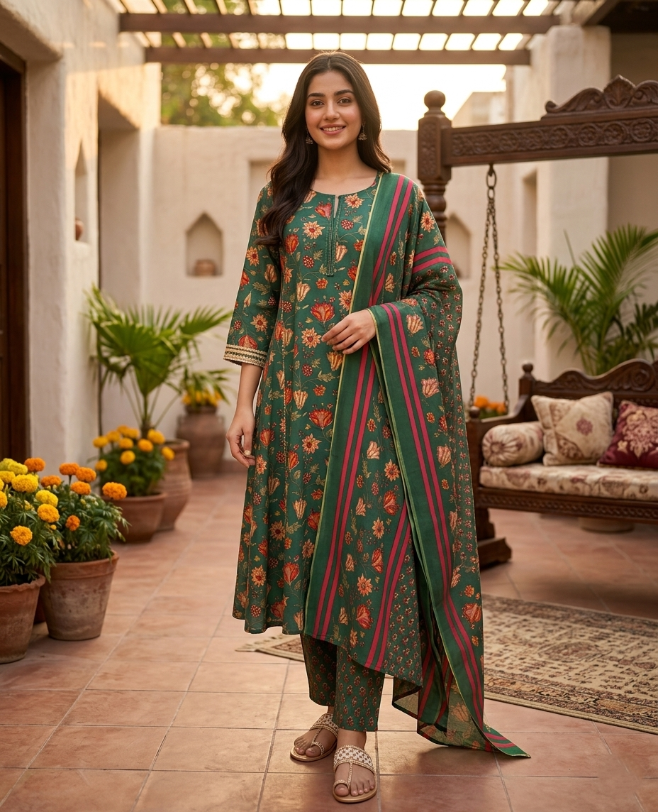 Green Floral Cotton Suit Set
