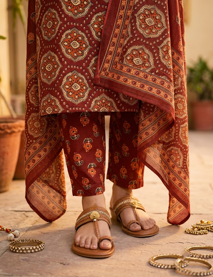 Brick Ajrakh Jaipur Cotton Suit Set