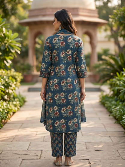 Midnight Teal Blue Floral Pure Cotton Suit Set