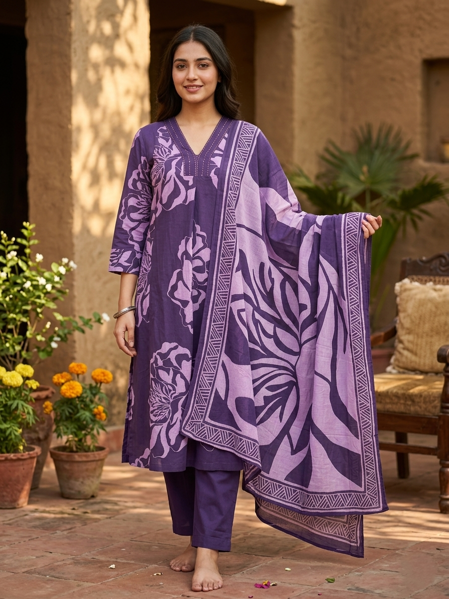 Purple Floral Cotton Suit Set