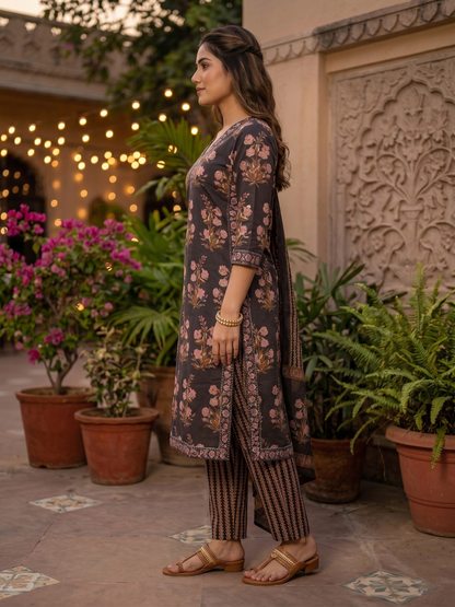 Charcoal Rose Noir Pure Cotton Straight Suit Set