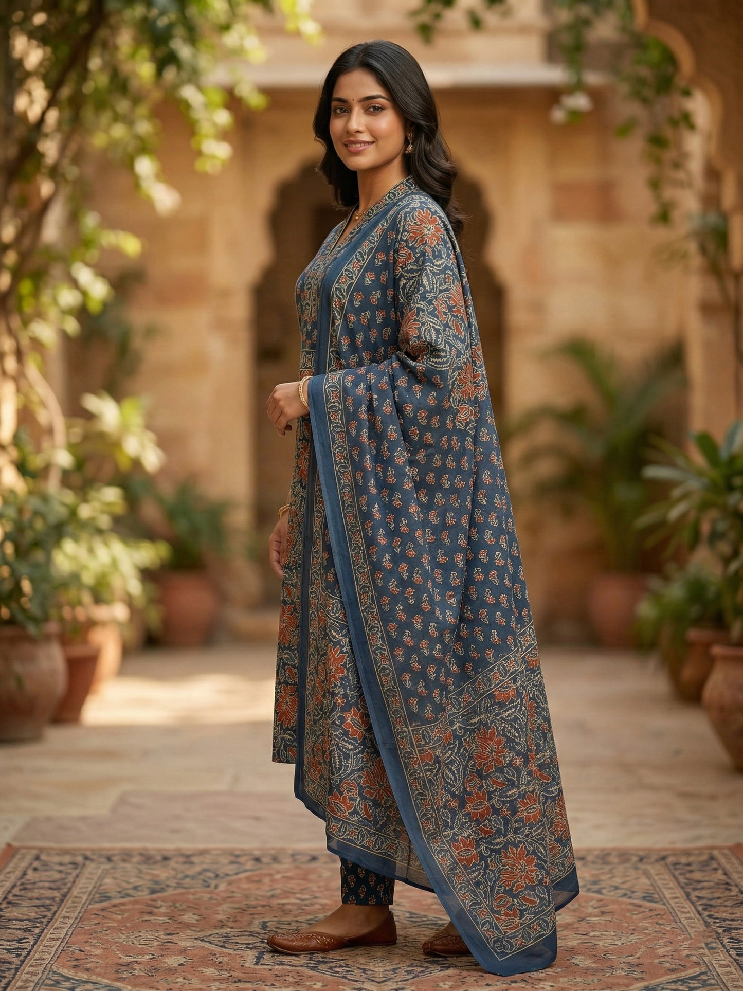 Blue Sanganeri Floral Jaal Cotton Suit Set
