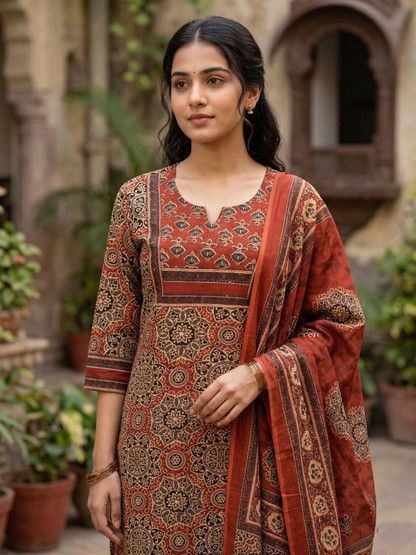 Rust Kalamkari Print Cotton Suit Set