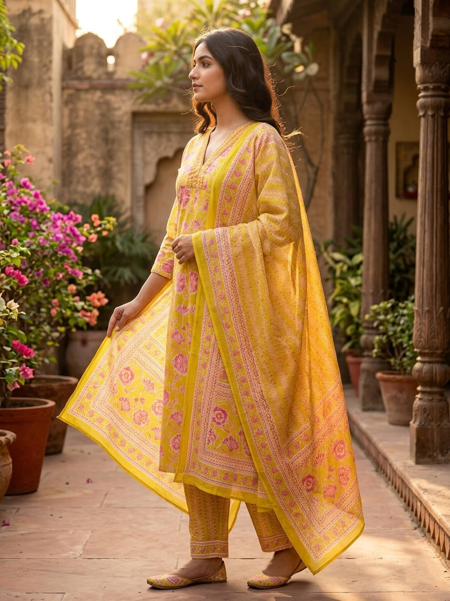 Lime Blossom Floral Cotton Suit Set