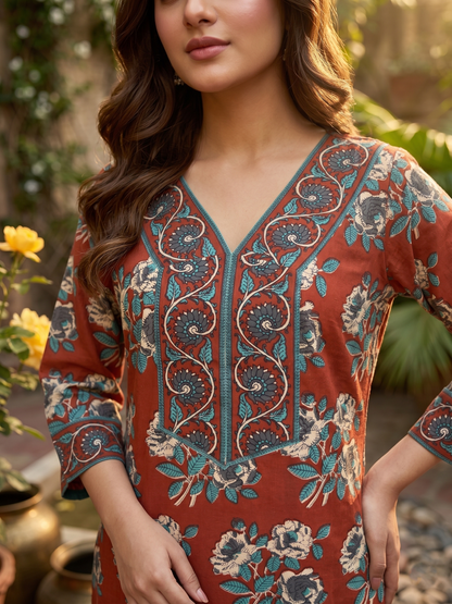 Rust Mughal Floral Cotton Suit Set