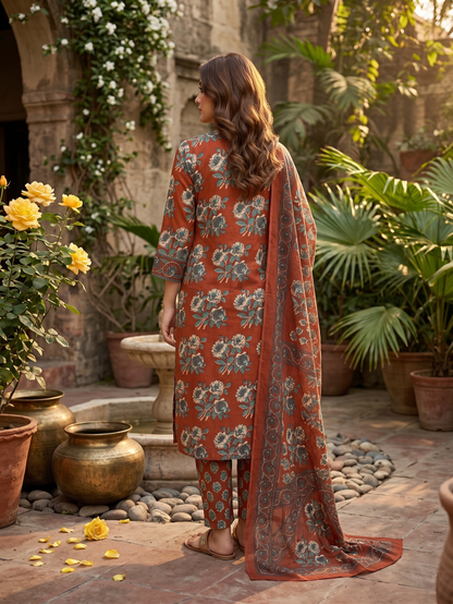 Rust Mughal Floral Cotton Suit Set