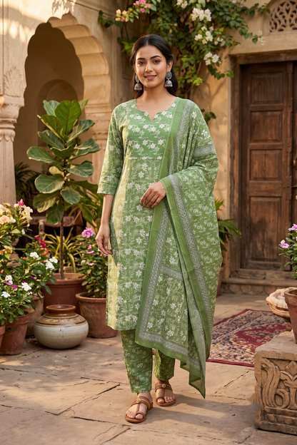 Sage Blossom Jaipur Cotton Suit Set