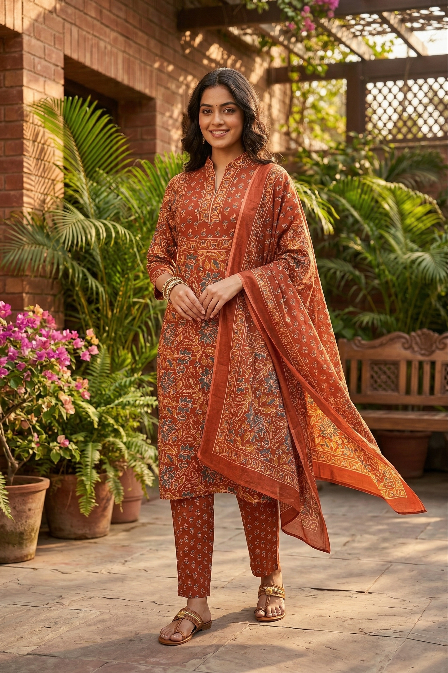Rust Terracotta Sanganeri Floral Cotton Suit Set