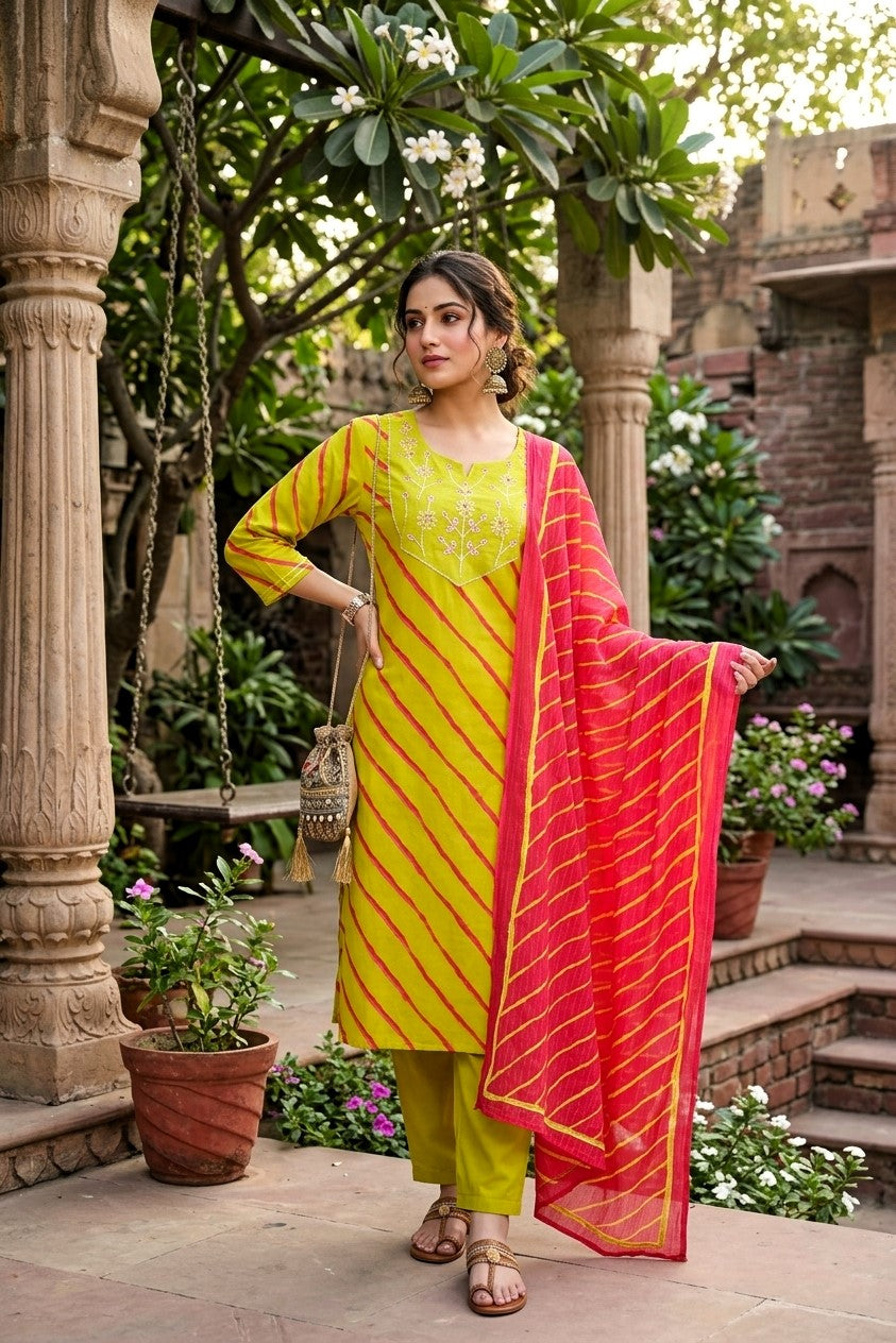 Lime Green Leheriya Jaipur Cotton Suit Set