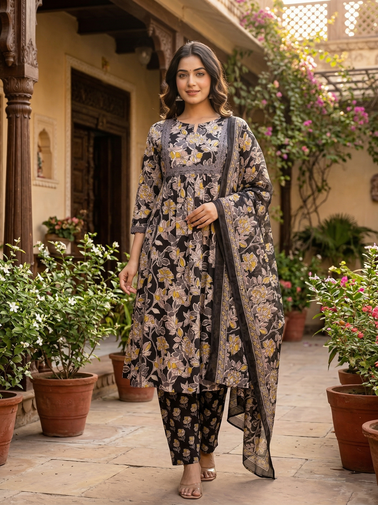 Black Sanganeri Floral Cotton Suit Set