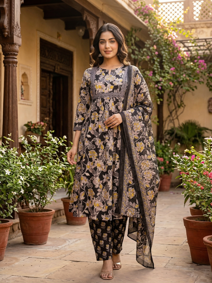 Black Sanganeri Floral Cotton Suit Set