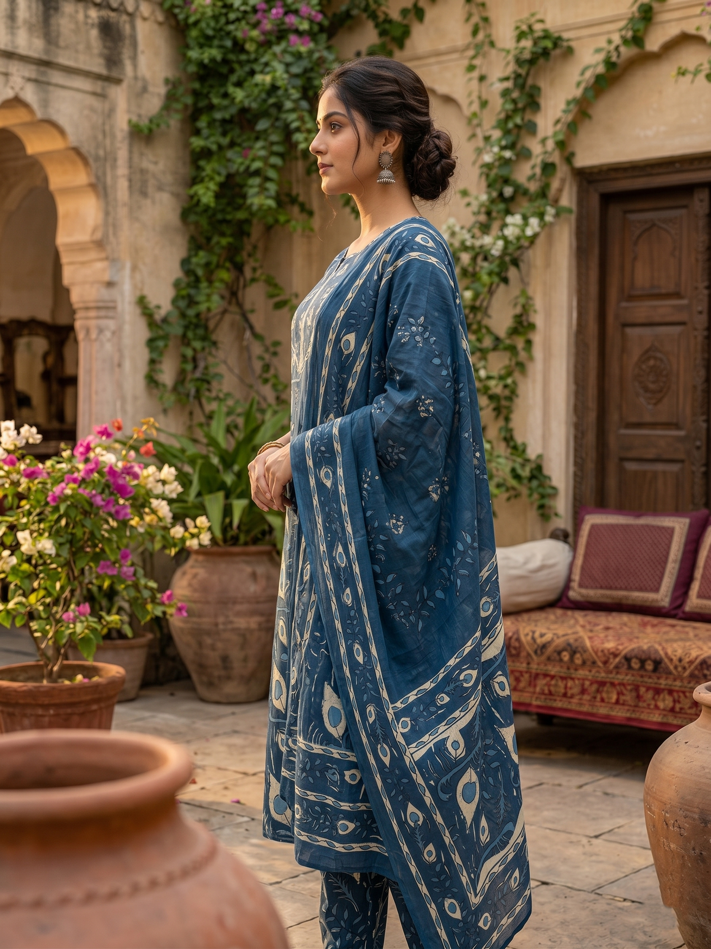 Indigo Bloom Pure Cotton Straight Suit Set