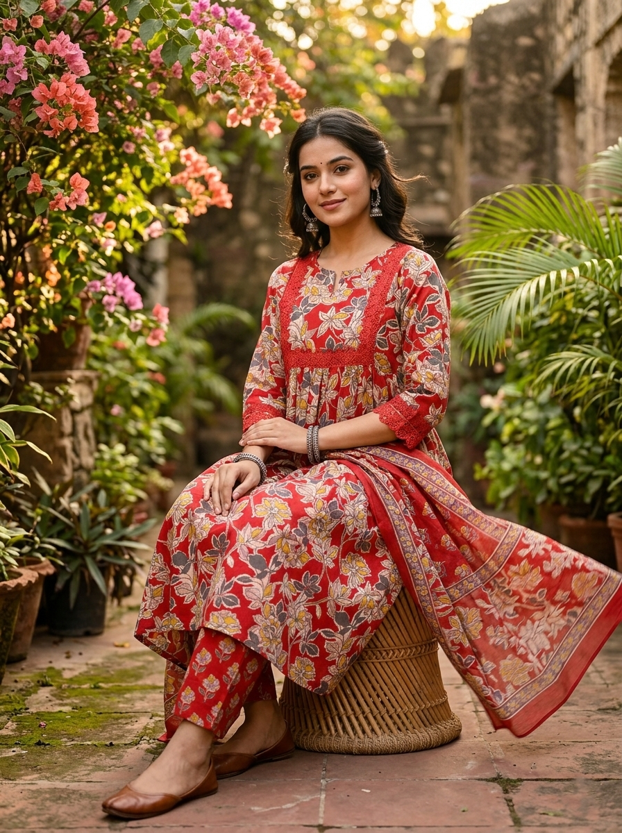 Red Sanganeri Floral Cotton Suit Set