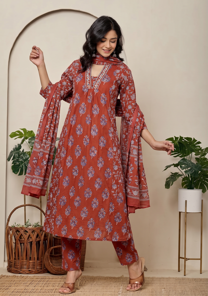 Heritage Rust Buta Pure Cotton Suit Set