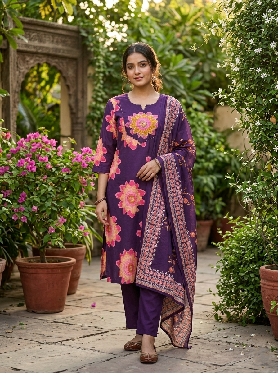 Purple Yoke Embroidery Cotton Suit Set