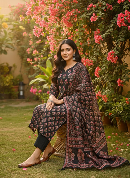 Black Sanganeri Floral Jaal Cotton Suit Set