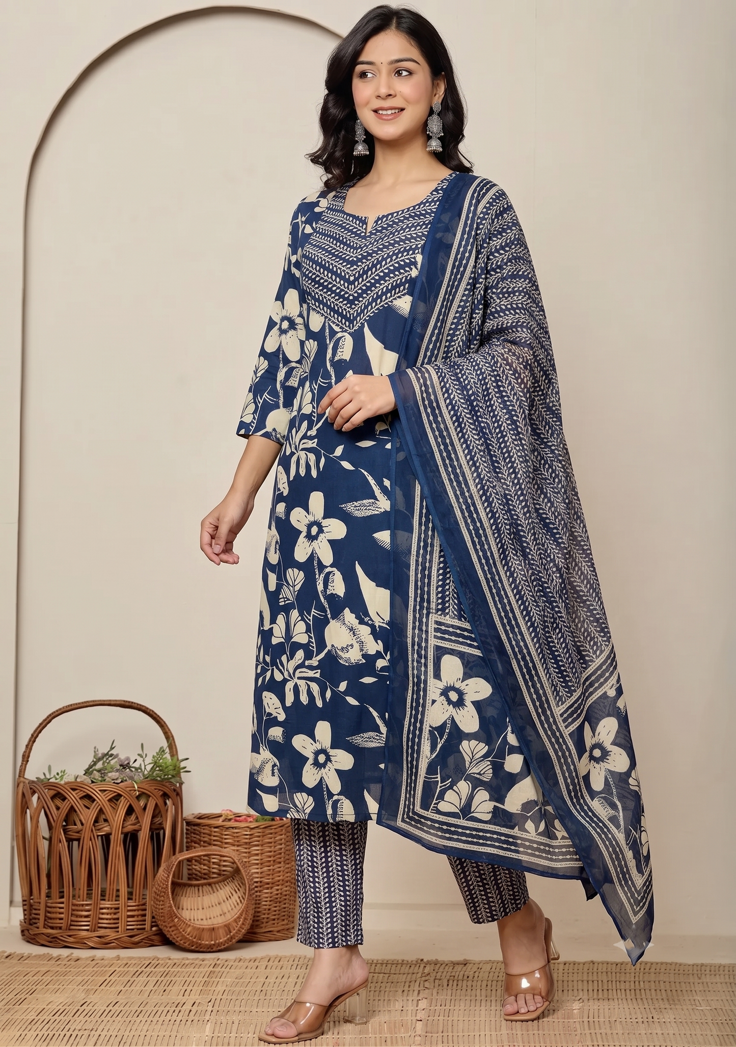 Blue Petal Harmony Cotton Suit Set
