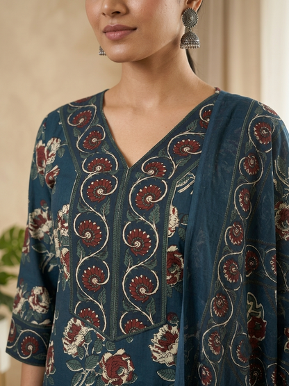 Midnight Teal Blue Floral Pure Cotton Suit Set