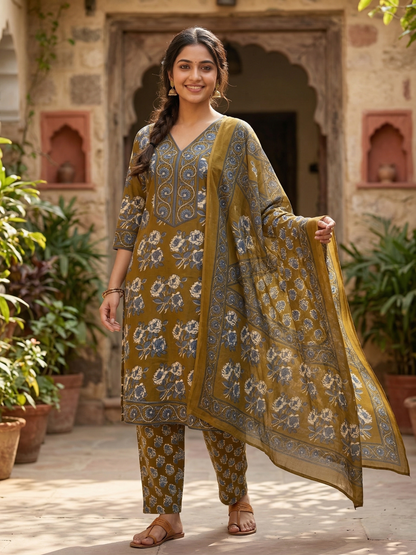 Mehendi Green Mughal Floral Cotton Suit Set