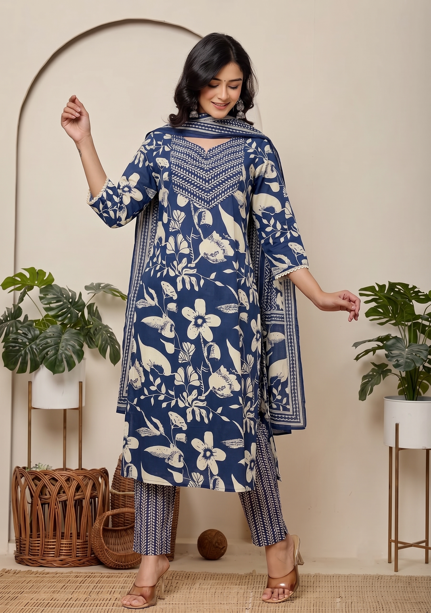 Blue Petal Harmony Cotton Suit Set