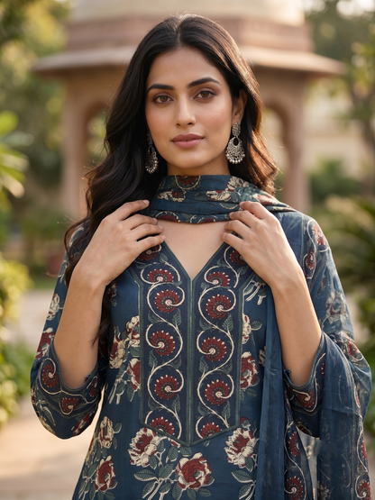 Midnight Teal Blue Floral Pure Cotton Suit Set